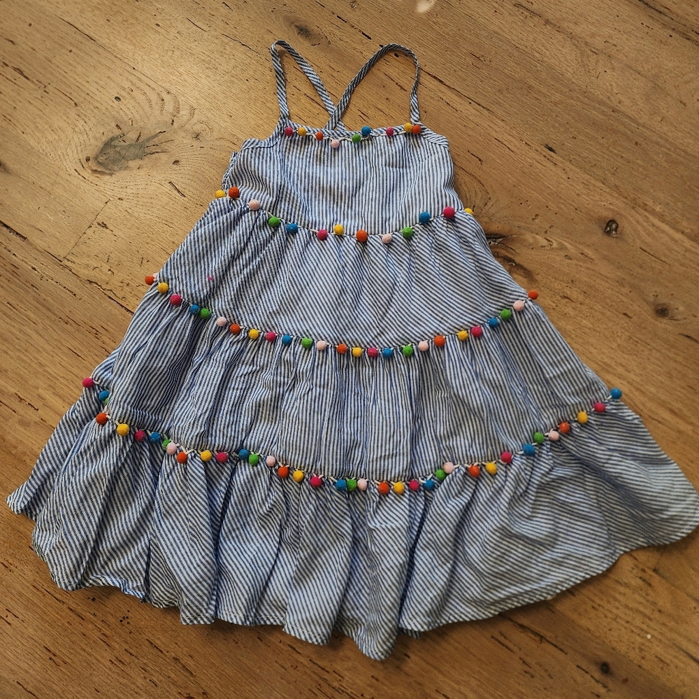 Tommy Bahama Blue Striped Kids Dress with Colorful Pom Poms